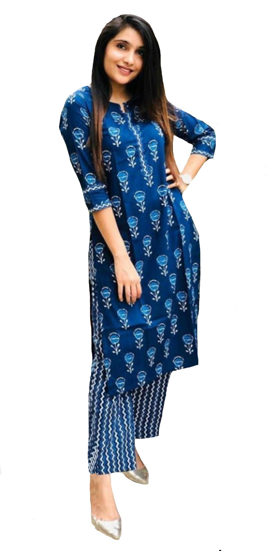 ANNI DESIGNER Womens Pure Cotton Flower Print Kurta Plazzo Set (Blue,M)