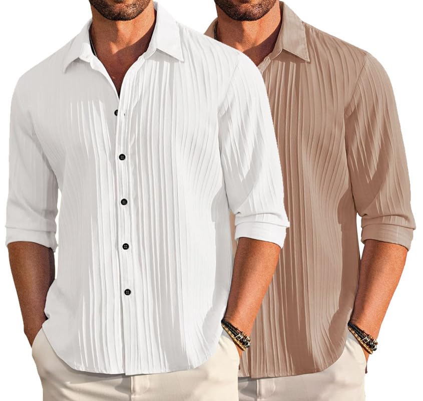 Deelmo Combo Of MenS Casual Button Down Shirts Long Sleeve Linen Shirt Fashion Textured Summer Shirts Pack Of 2