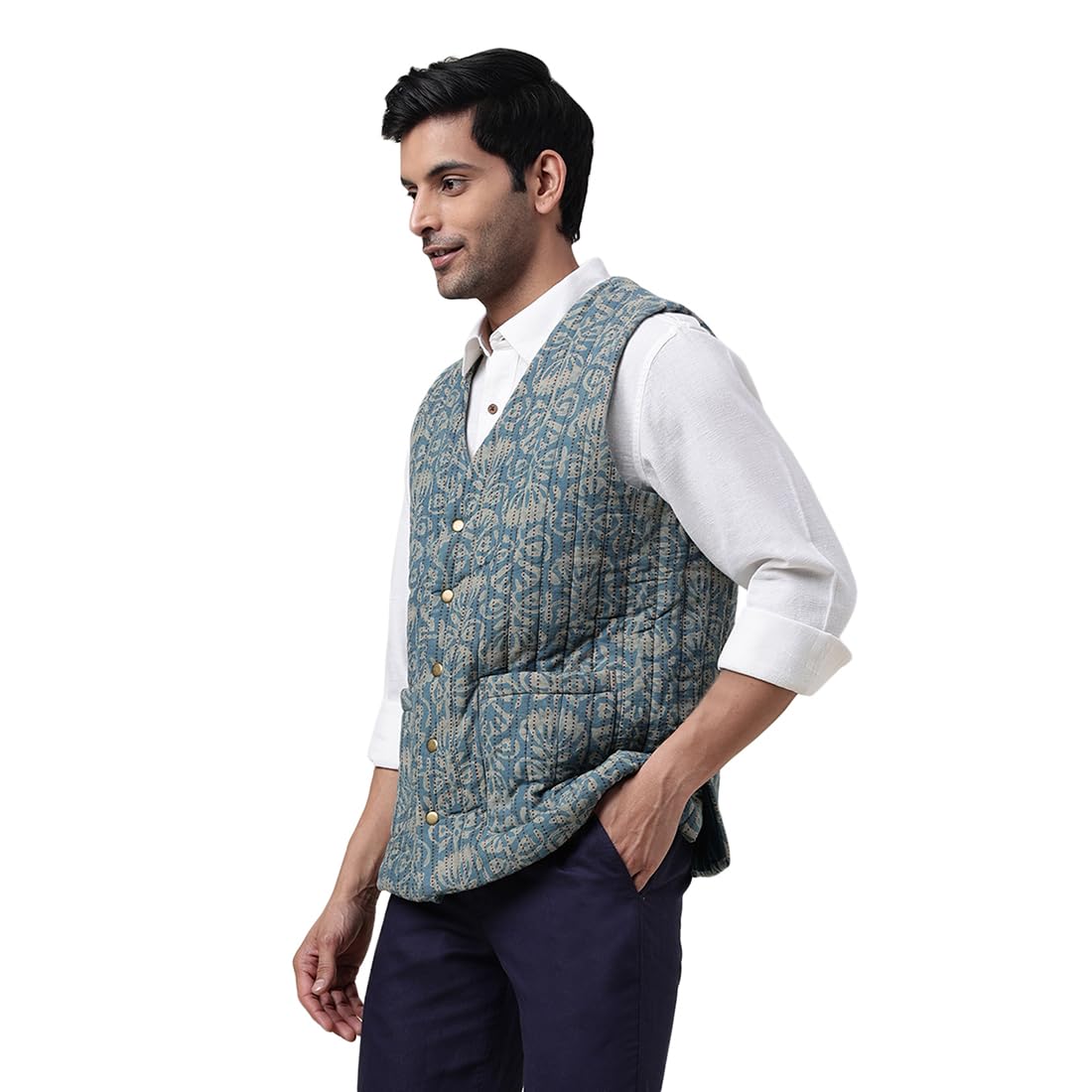 Fabindia MenS Brown Cotton Quilting Slim Fit Vest Jacket (1029707Rust- Rust-Indigo