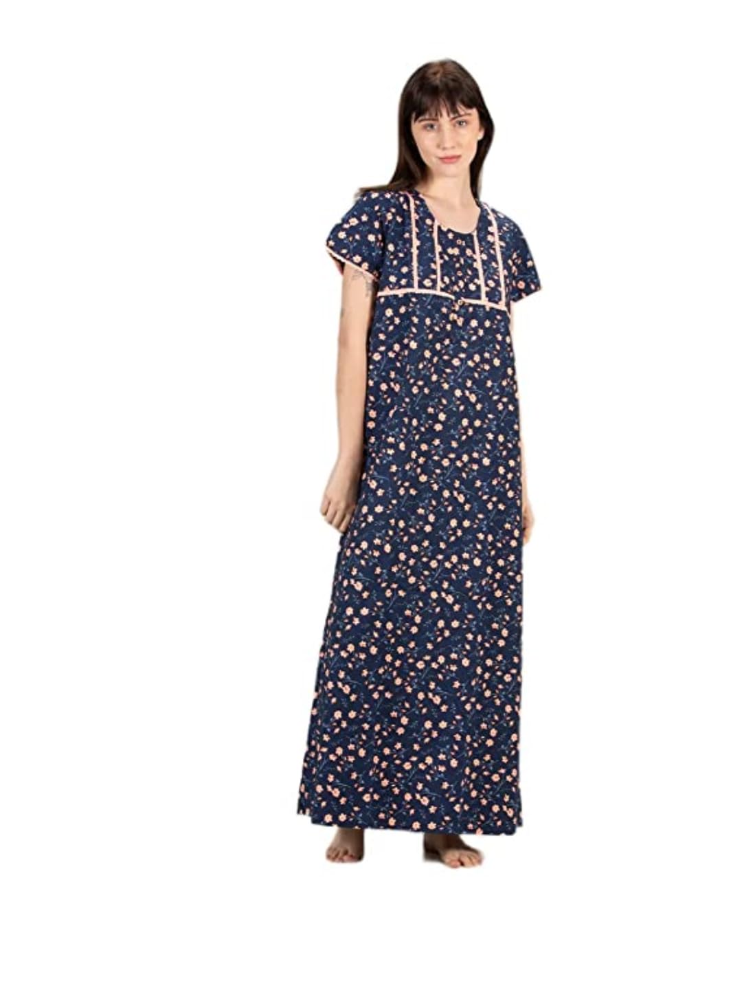 Evolove WomenS Cotton Long Maxi Night Gown Nighty Dress With Pocket & Stylish Button, Super Soft Comfortable (Blue & Pink, Lngc