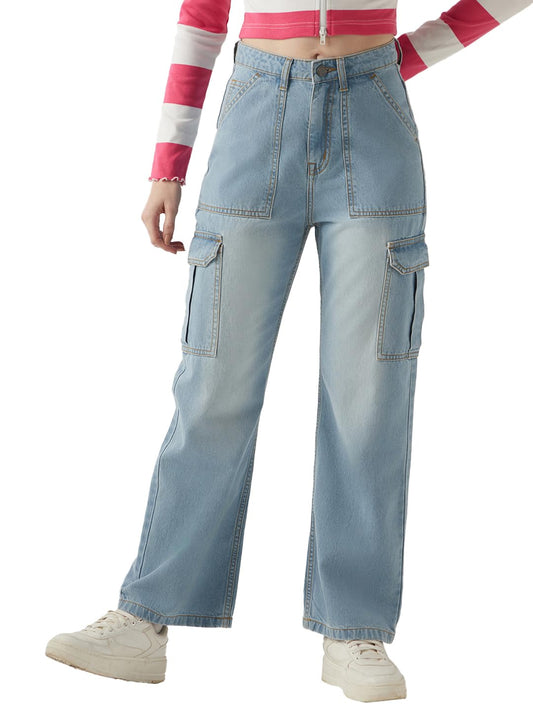 Bewakoof Women Washed Wide Leg 100% Cotton Cargo Jeans_646613_Blue_36