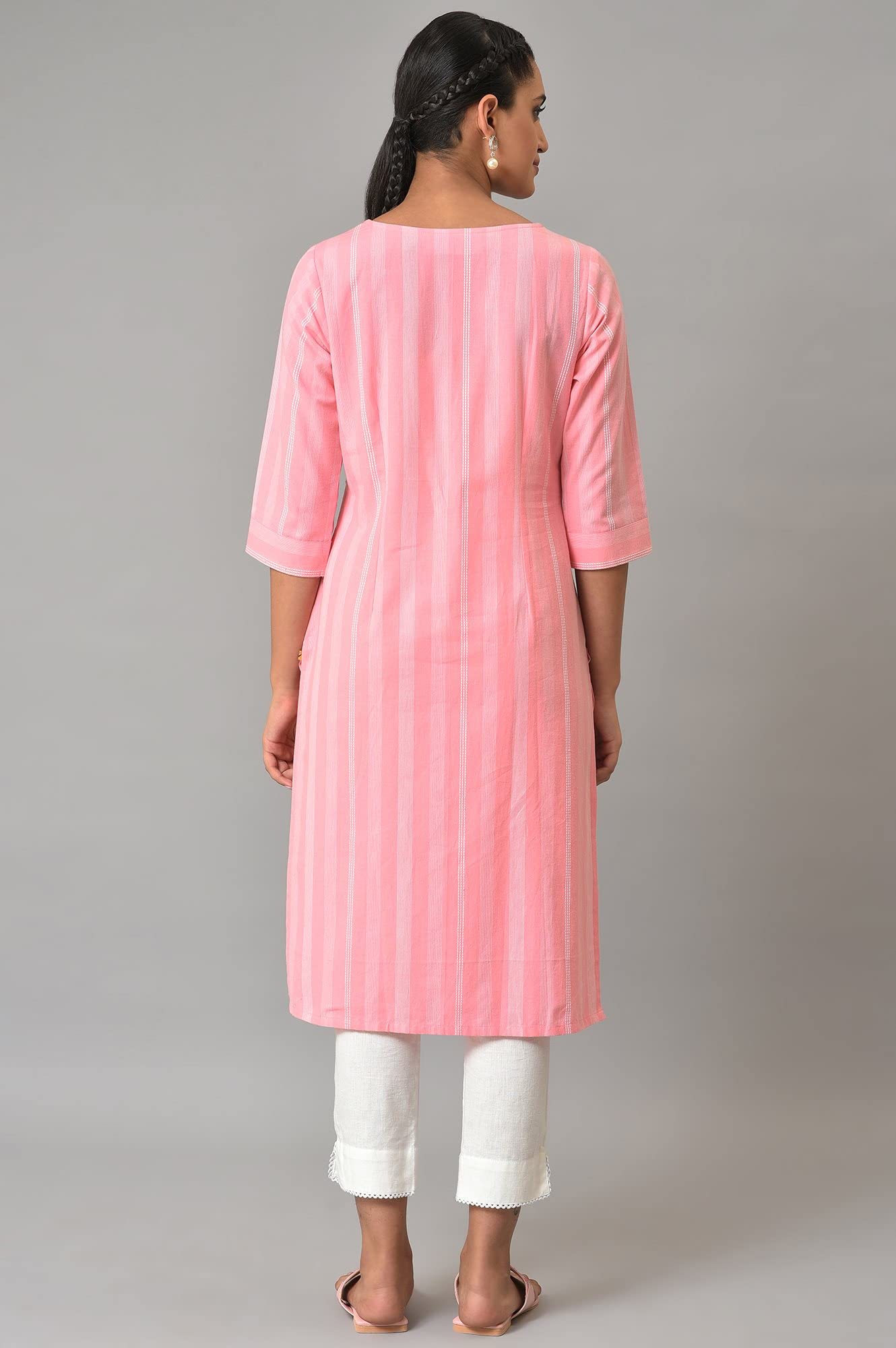 Aurelia Women's Cotton Pink Stripes Round Neck Straight Kurta