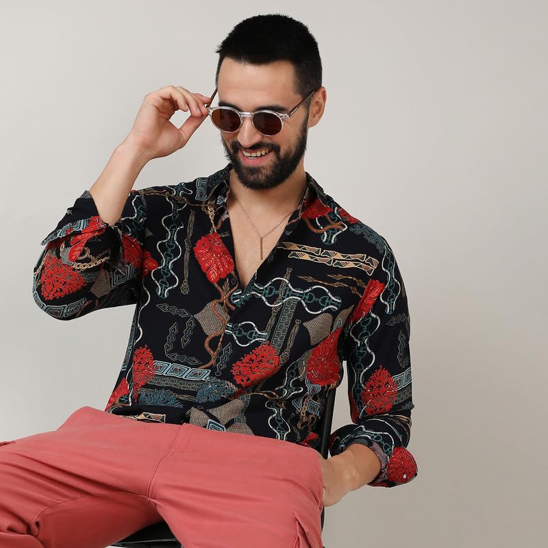 Campus Sutra Mens Crimson Red & Teal Green Artistic Block Shirt for Casual Wear | Spread Collar | Long Sleeve | Button Closure