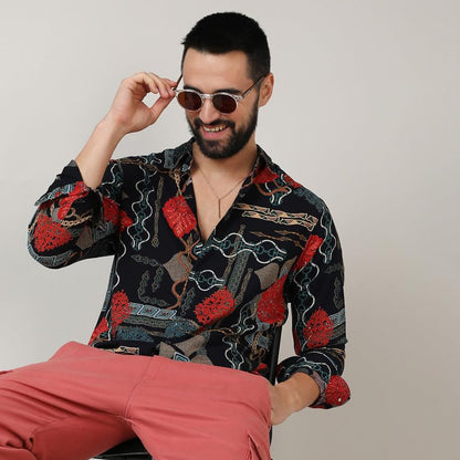 Campus Sutra Mens Crimson Red & Teal Green Artistic Block Shirt for Casual Wear | Spread Collar | Long Sleeve | Button Closure