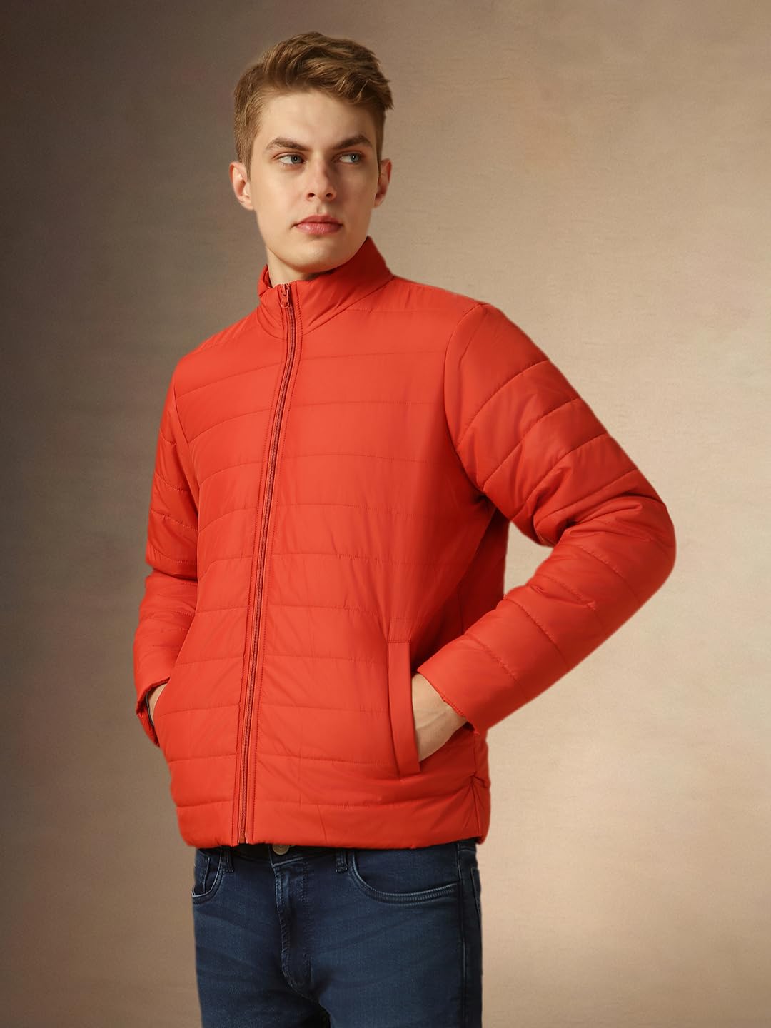 Dennis Lingo Men Rust Solid Regular Fit Full Sleeve Mock Collar Padded Jacket