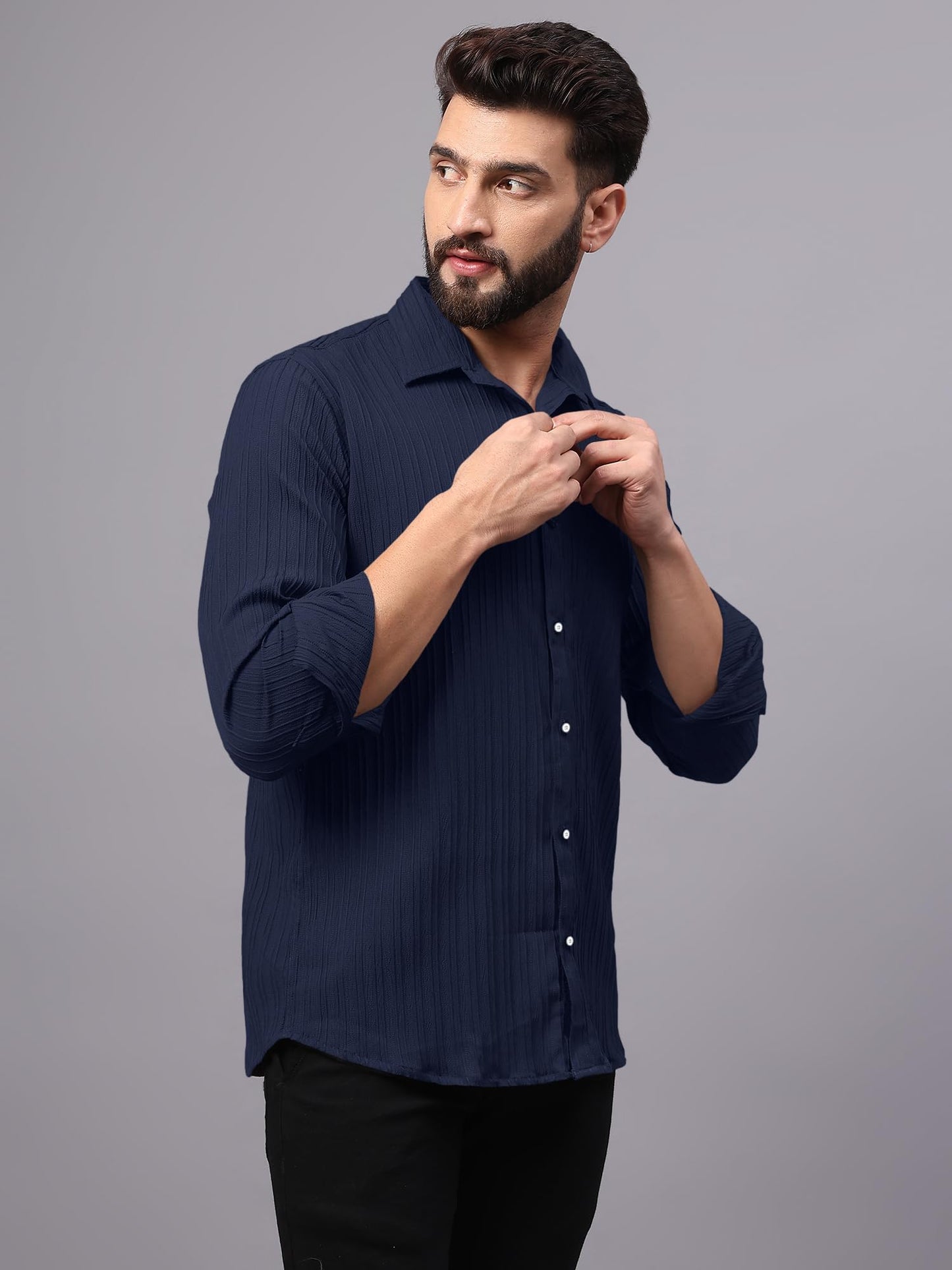 Finivo Fashion MenS Casual Button Down Shirts Long Sleeve Linen Shirt Fashion Textured Beach Summer Shirts Navy