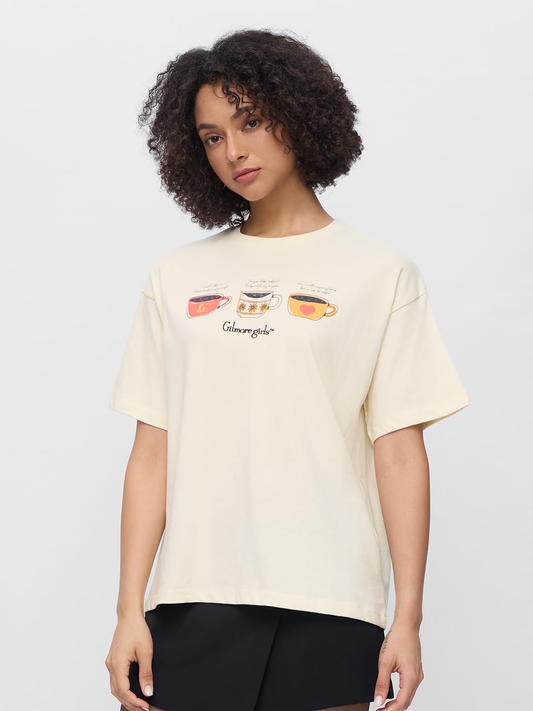 The Souled Store Gilmore Girls: Coffee Cups Women and Girls Short Sleeves Round Neck Off White Graphic Printed Cotton Oversized