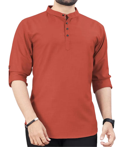 Deemoon MenS Cotton Blend Kurta With Solid Regular Fit Mandarin Collared Neck Full Sleeve And Waist Length | Kurtas For Men | D