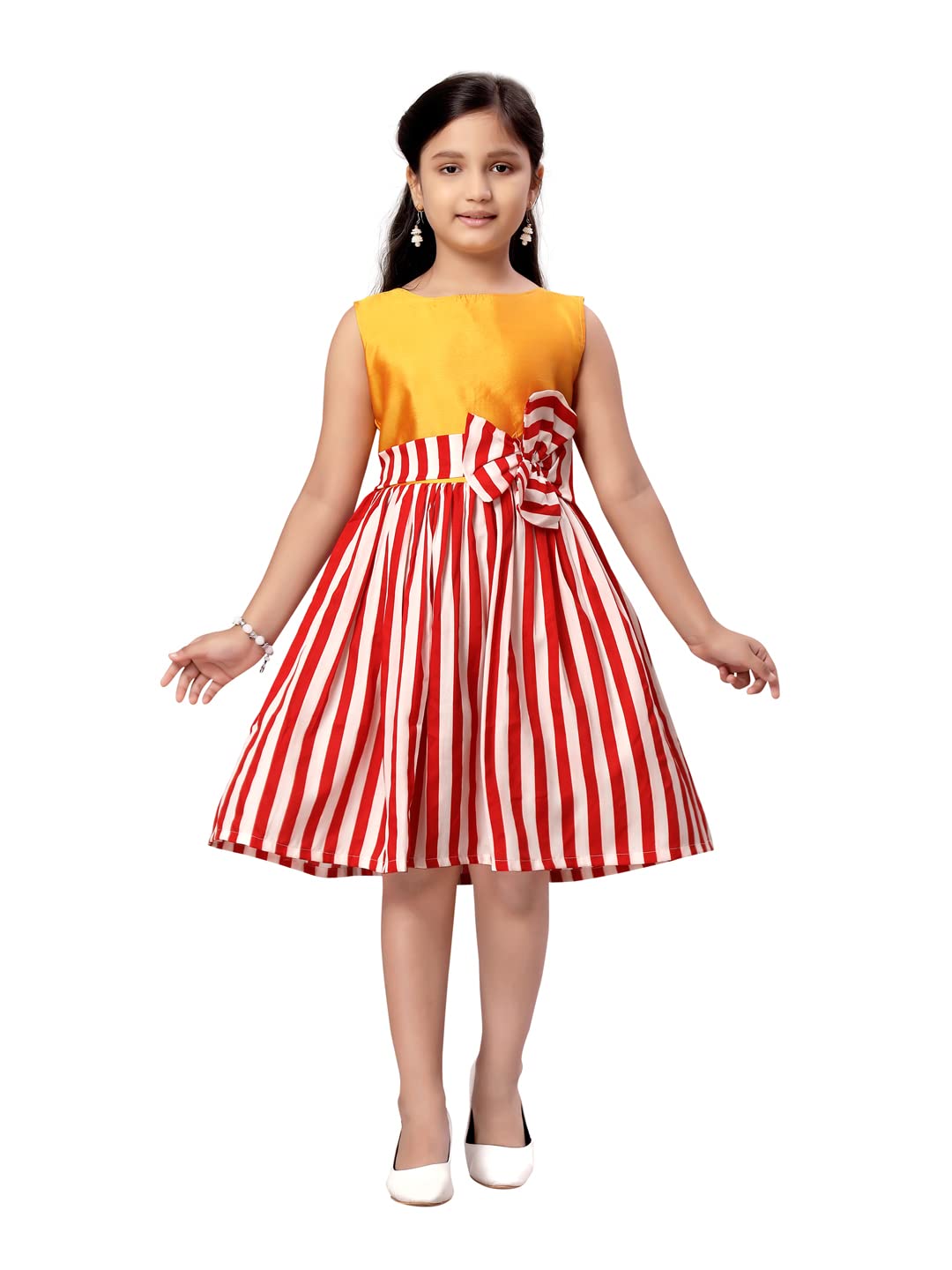 Aarika Girl's Cotton Blend Skater Knee-Length Dress (FK-22152_Gold-Red_22)