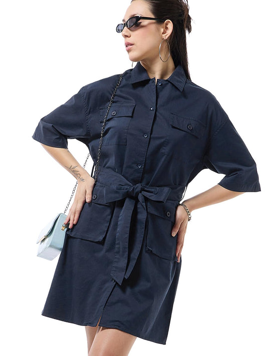 Bewakoof Womens Solid Oversized Fit Half Sleeve Collared Neck Cotton Blend Dress_628202_Blue_2XL