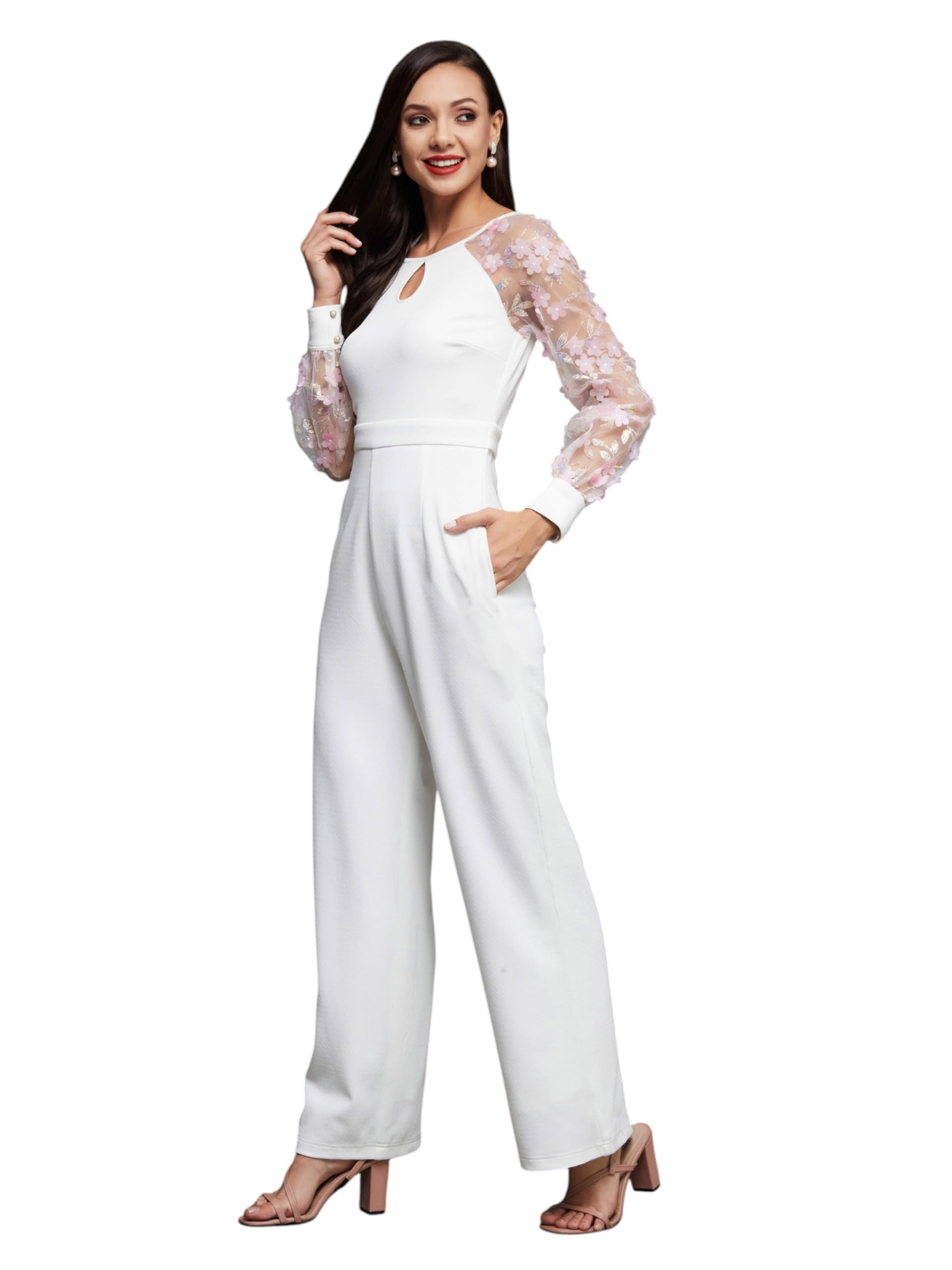 Miss Chase Womens Floral Keyhole Neck Bishop Sleeves Side Pocketed Back Tie-Up Jumpsuit (MCSS25D91-83-114-05, Off White, L)