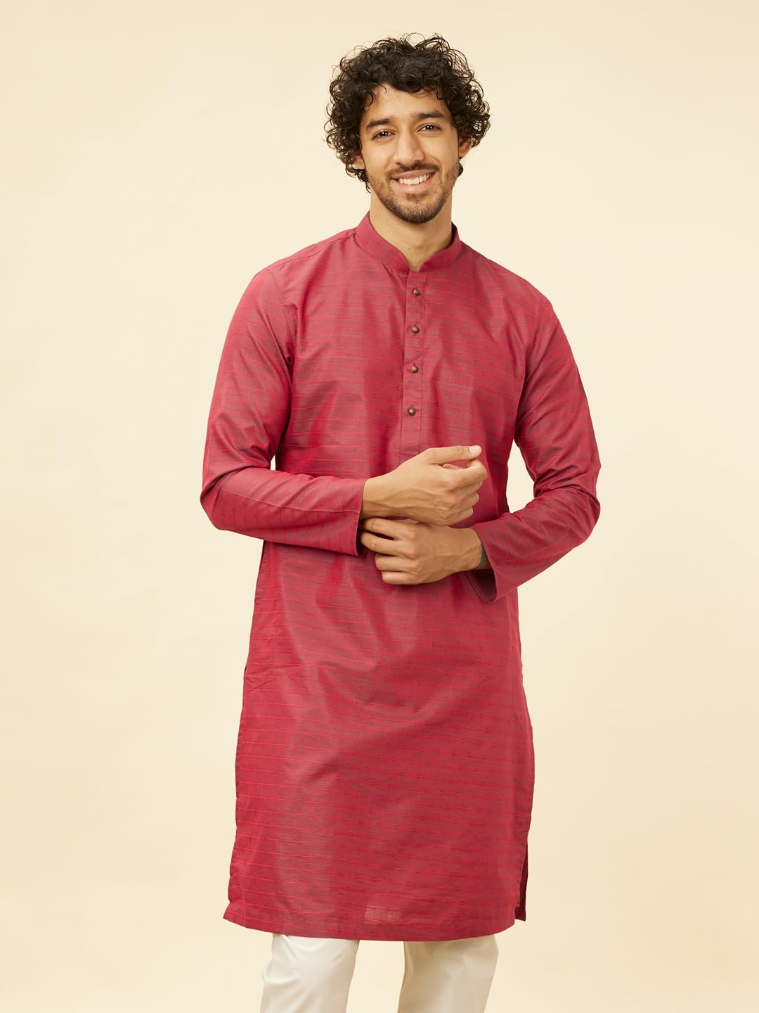 Manyavar MenS Maroon Blended Cotton Self Design Kurta Pyjama Set