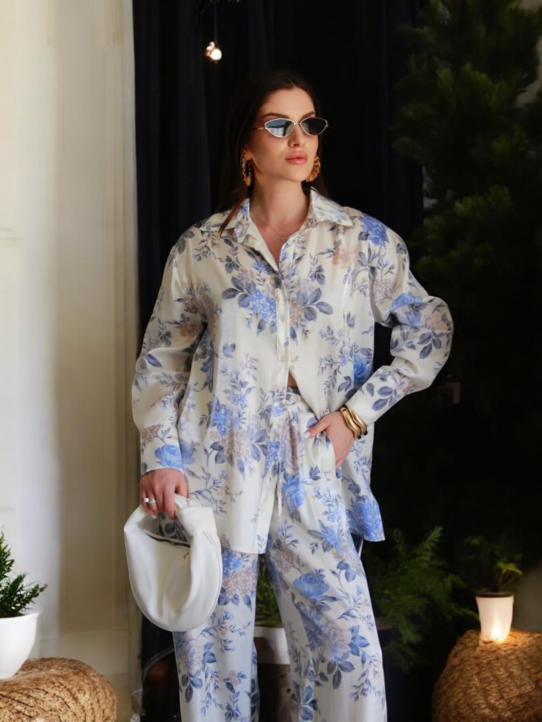 Gufrina WomenS Co-Ords Set - Floral Print Shirt With Front Open Button And Wide-Leg Pants, Full Sleeves, Rayon Fabric (Sky Blue