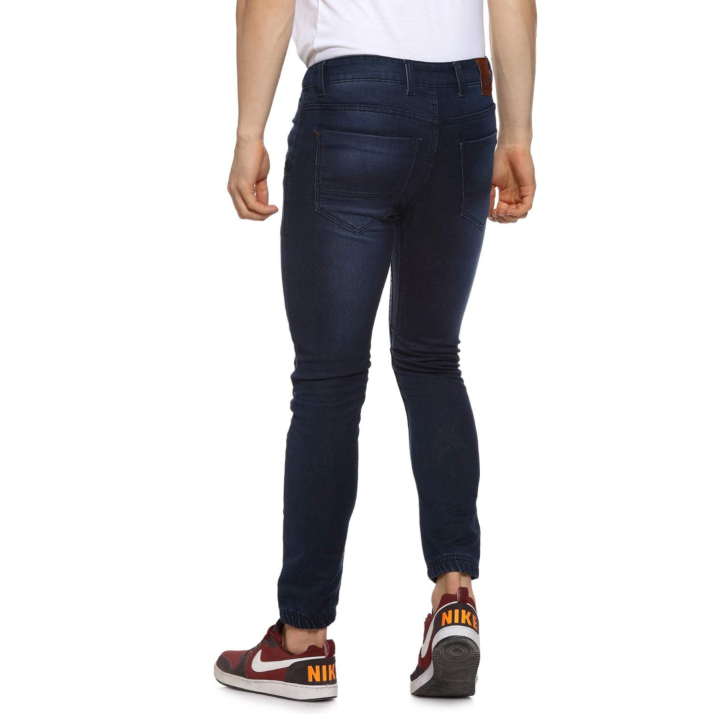 Campus Sutra Mens Classic Blue Dark-Washed Regular Fit Denim Jeans | Elasticated Hem Mid-Rise Stretchable Cotton Denim Jeans Cra