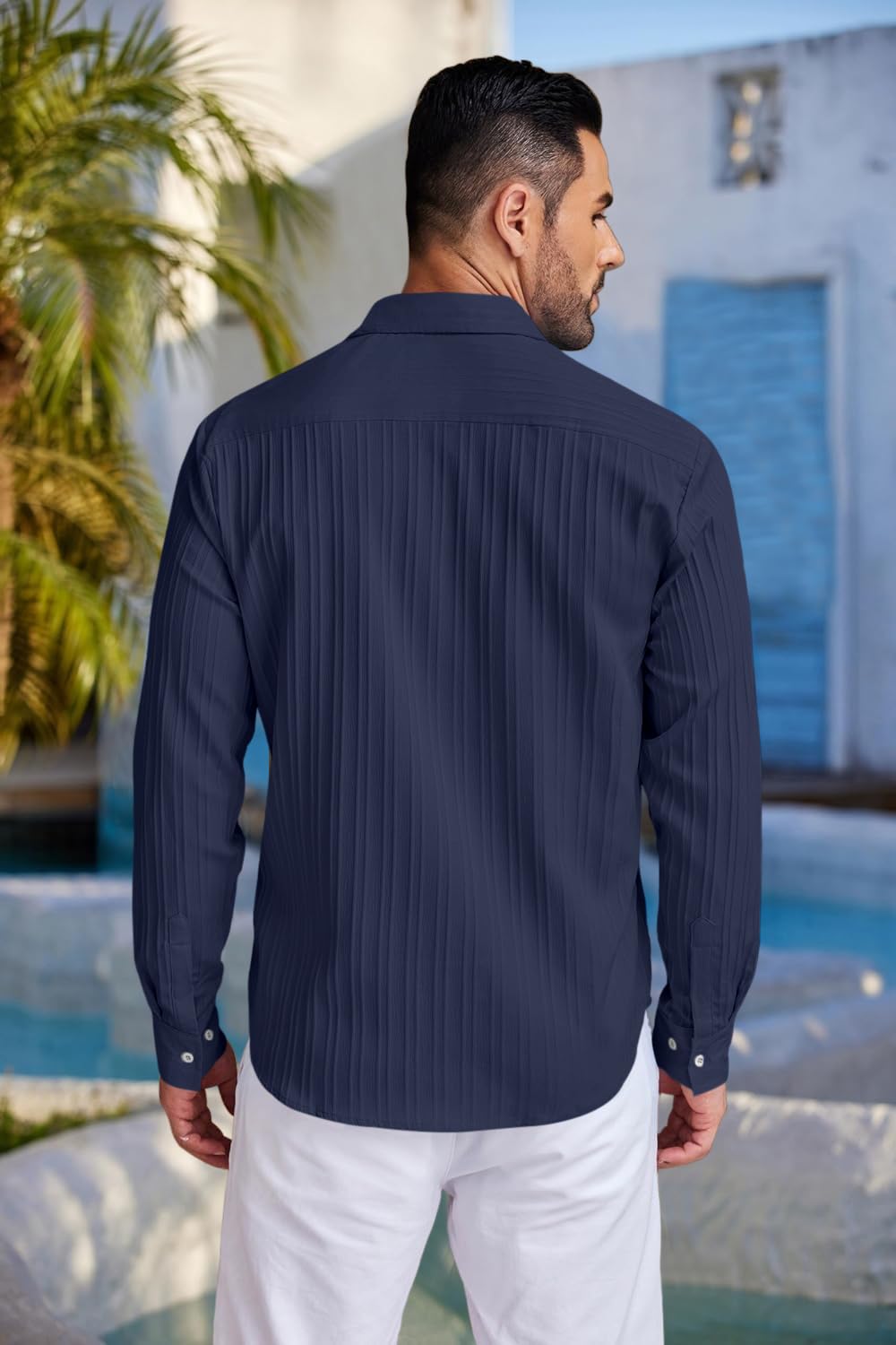Finivo Fashion MenS Casual Cotton Plain Button Down Shirt Long Sleeve Textured Summer Beach Shirt For Men Navy