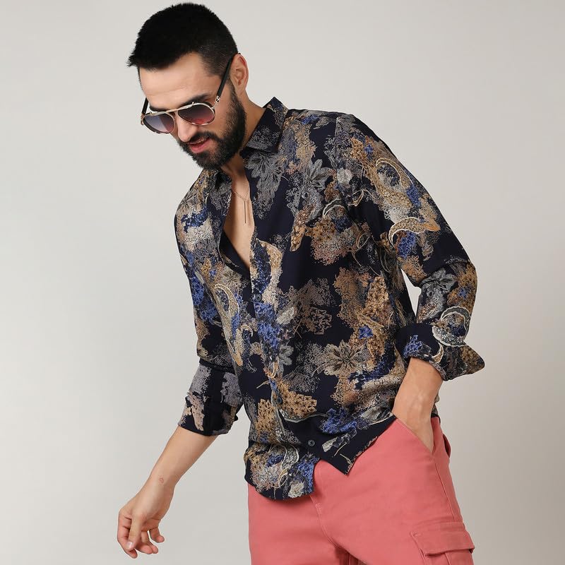 Campus Sutra Mens Royal Blue & Midnight Black Paisley Flora Shirt for Casual Wear | Spread Collar | Long Sleeve | Button Closur