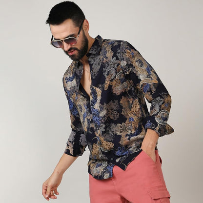 Campus Sutra Mens Royal Blue & Midnight Black Paisley Flora Shirt for Casual Wear | Spread Collar | Long Sleeve | Button Closur