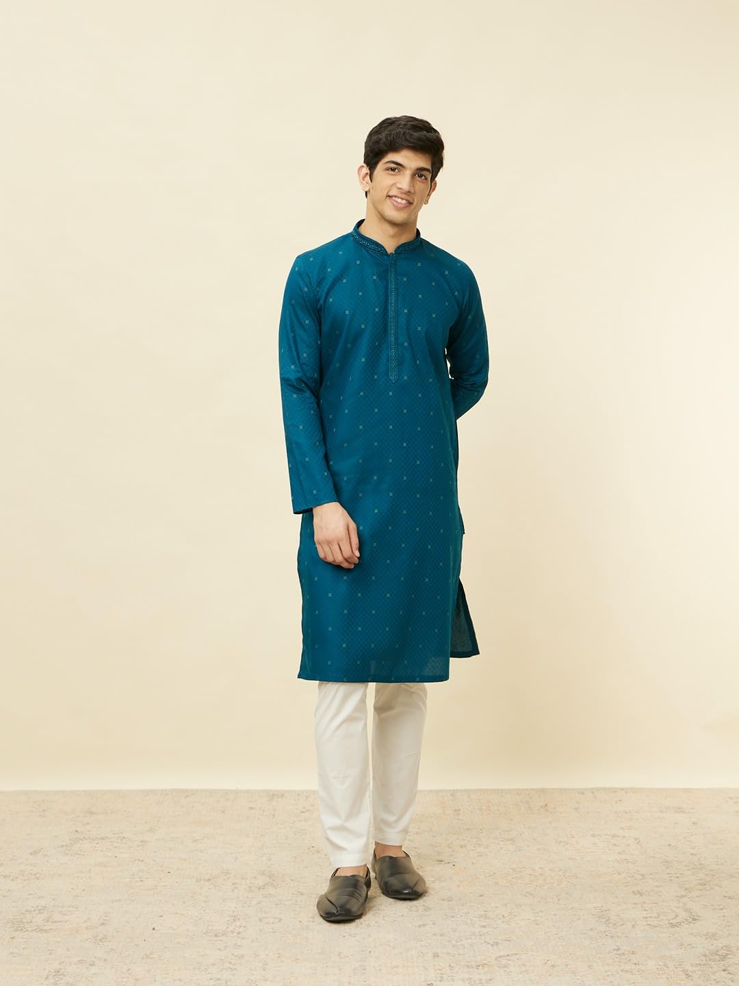 Manyavar Mens Blue Cotton Self Design Kurta Pyjama Set