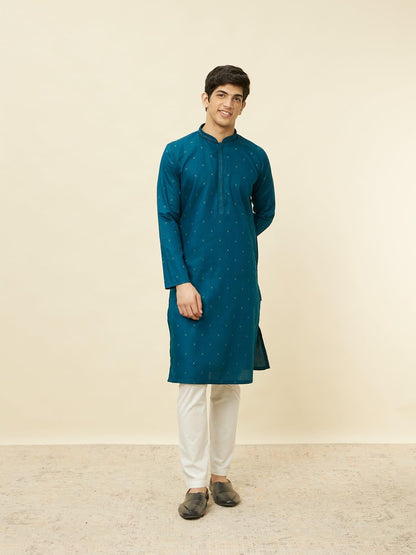 Manyavar Mens Blue Cotton Self Design Kurta Pyjama Set