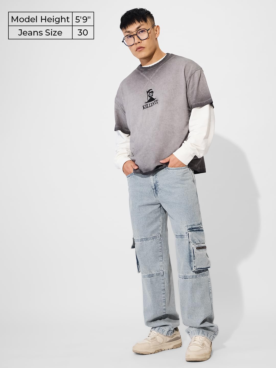 The Souled Store Denim: Washed Blue Men and Boys Buttoned Solid Cotton Blend Baggy Fit Jeans