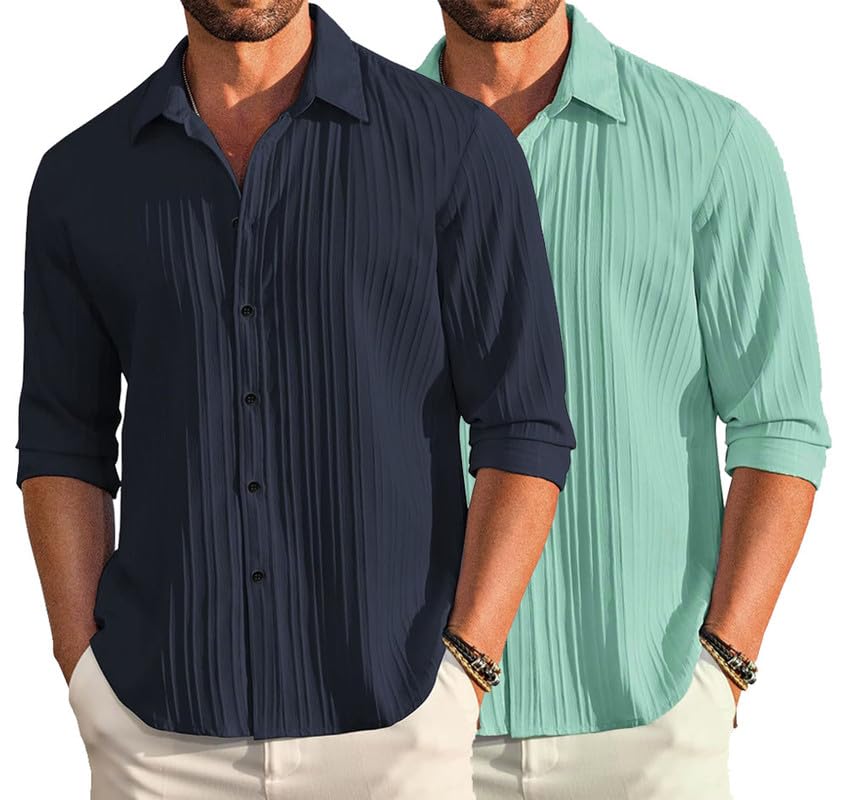 Deelmo Combo Of MenS Casual Button Down Shirts Long Sleeve Linen Shirt Fashion Textured Summer Shirts Pack Of 2