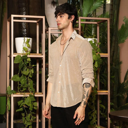 Campus Sutra Mens Sand Beige Solid Velvet Shirt for Casual Wear | Spread Collar | Long Sleeve | Button Closure | Shirt Crafted