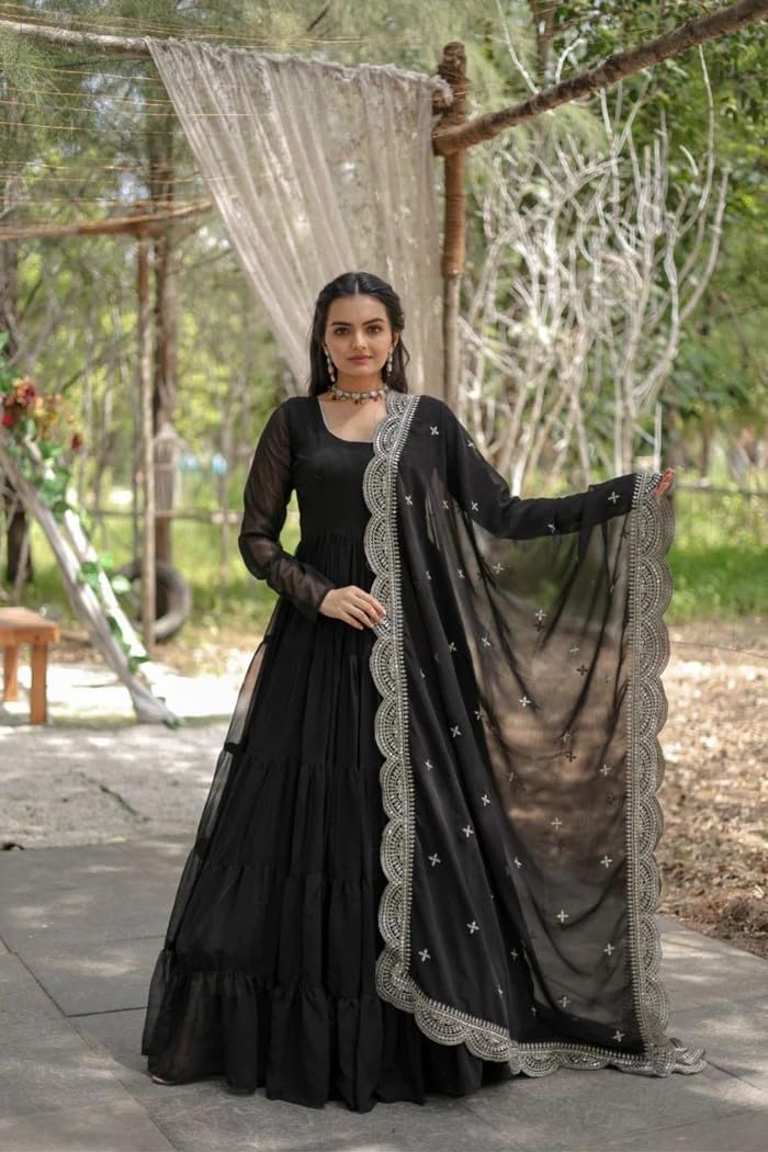 Fashion Basket WomenS Georgette Solid Anarkali Dress Black