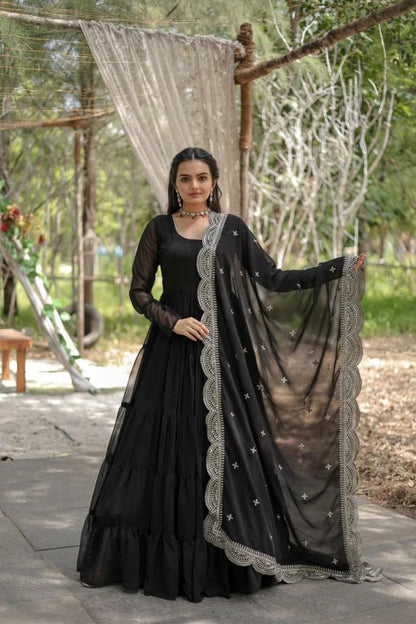 Fashion Basket WomenS Georgette Solid Anarkali Dress Black