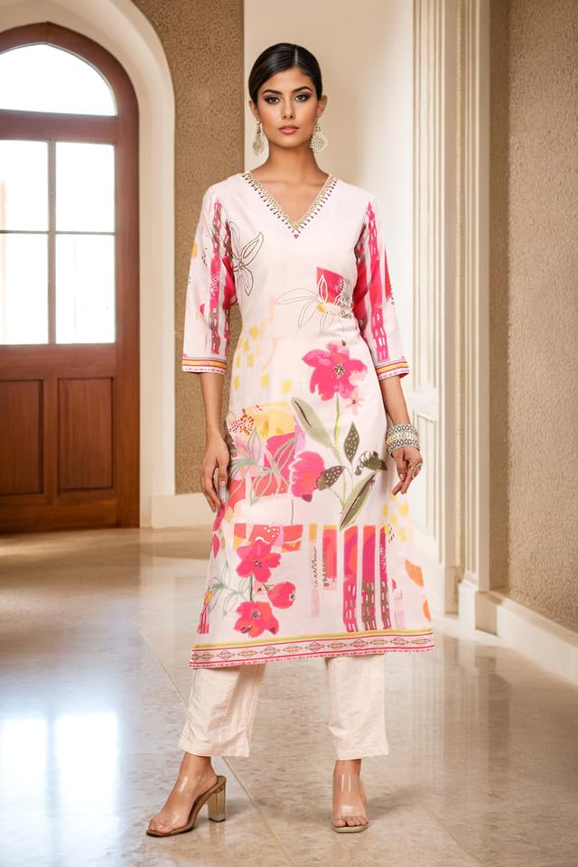 Soch Womens Cream Floral Printed Muslin Blend Kurta Set