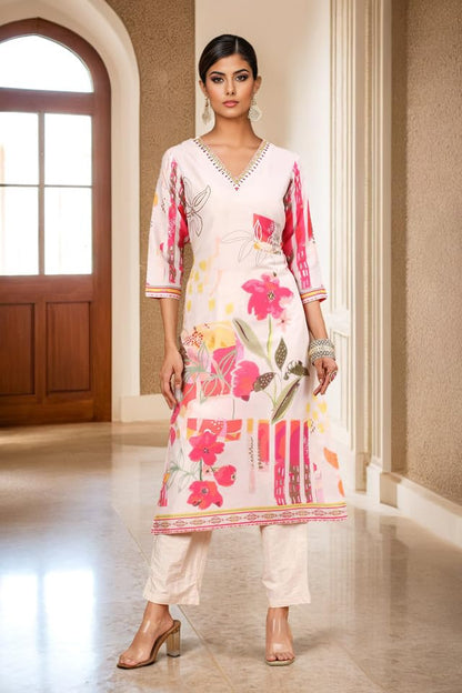 Soch Womens Cream Floral Printed Muslin Blend Kurta Set