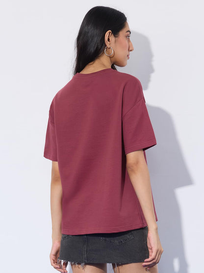 The Souled Store Oversized T-Shirt: Emergency Women and Girls Short Sleeves Round Neck Red Embellished Cotton Oversized T-Shirts