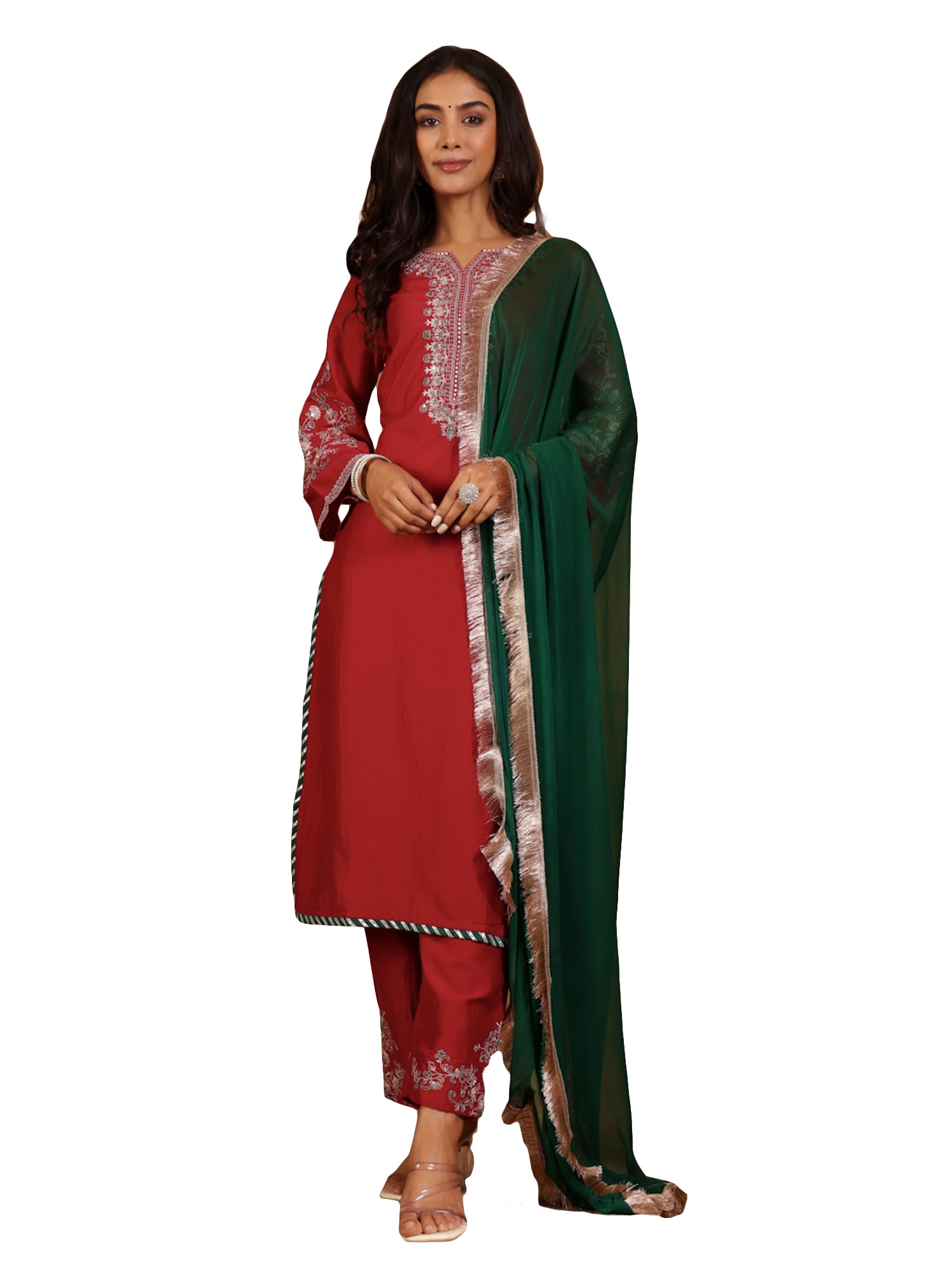 Varanga Zari & Sequin Thread Yoke Embroidered Straight Kurta Paired With Tonal Embroidered Bottom And Contrast Dupatta With Frin