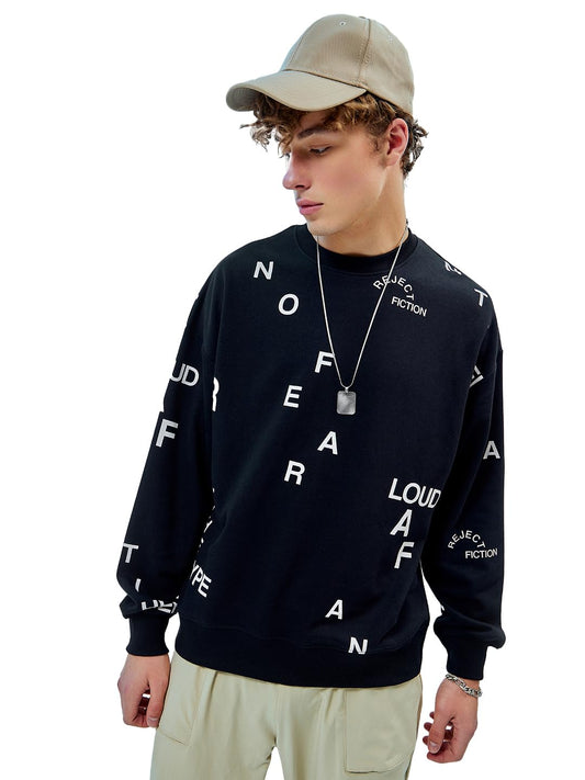 Bewakoof Mens AOP Oversized Fit Full Sleeve Round Neck Terry Sweatshirt Black