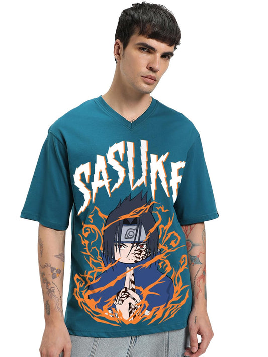 Bewakoof Official Naruto Merchandise Sasuke Mens Graphic Print Oversized Fit Half Sleeve V-Neck Cotton Jersey T-Shirt_651274_Bl