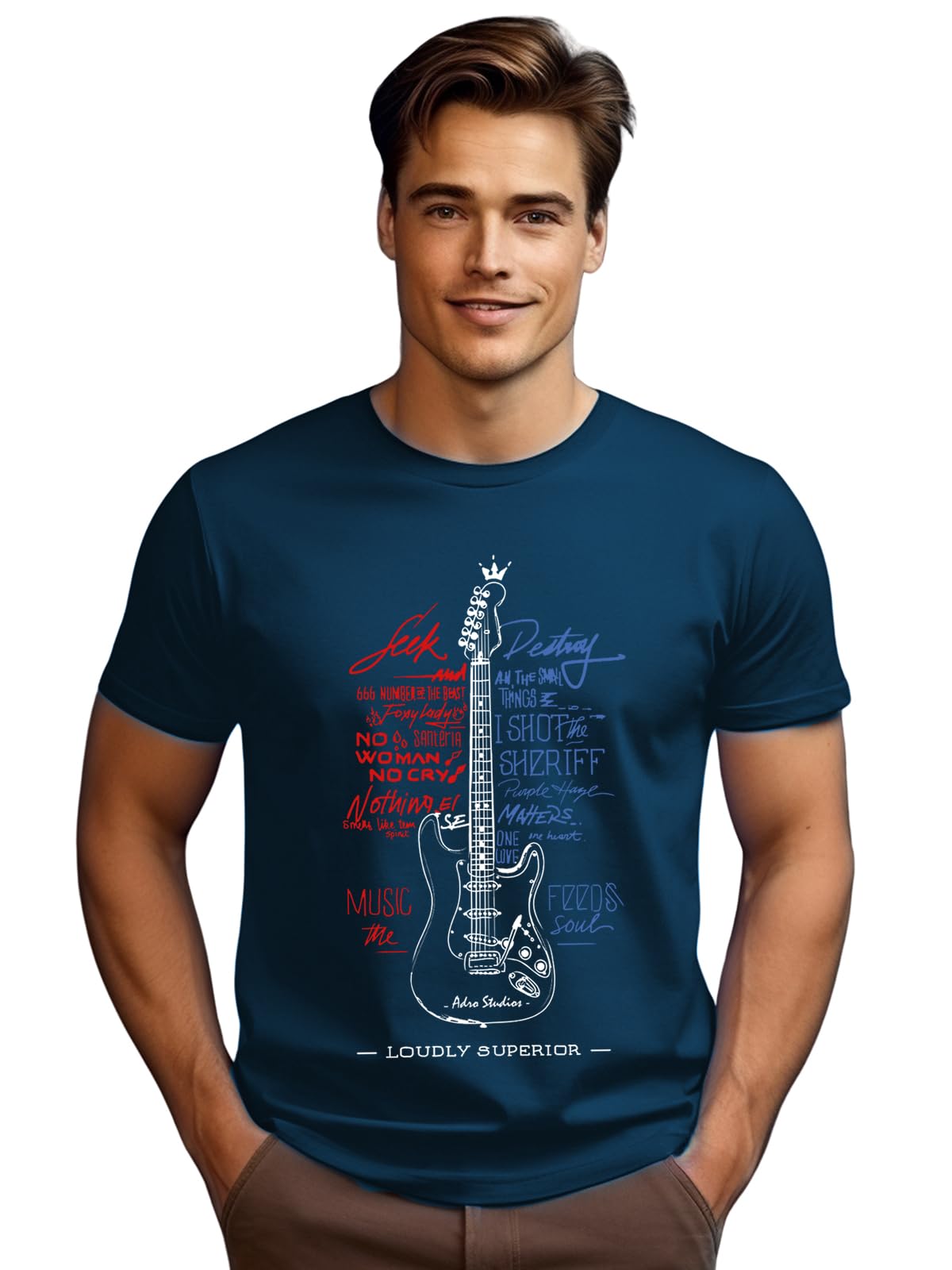 ADRO Guitar Design Printed T-Shirt for Men - 100% Cotton, Regular Fit, Soft Breathable Fabric | RN23-M-GTR-SB