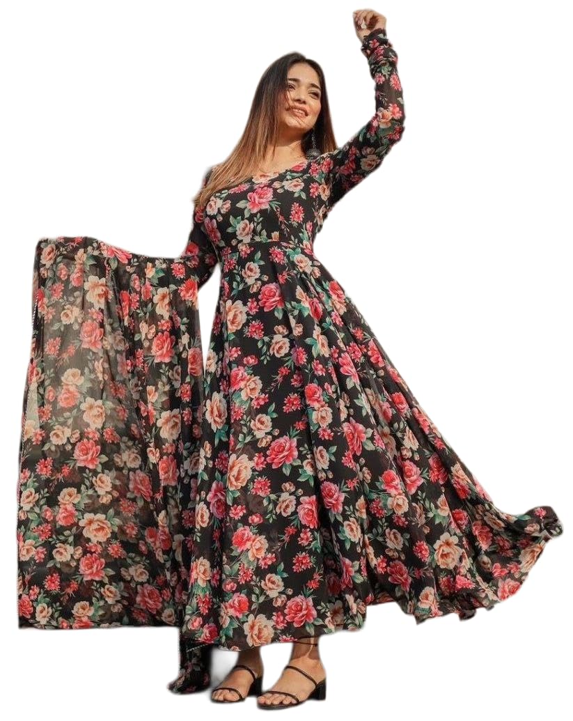 Modestouze Attires Georgette Anarkali Suit For Women - Floral Printed Anarkali Kurta Set With Dupatta Party - Frock Suit Set - D