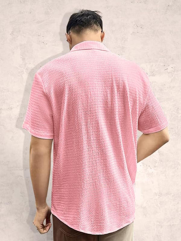 Pinkmint Popcorn Shirt for Men Soild Slim Fit Sleeve Spread Collar Trendy Men Shirt Summer Wear Goa Wear Aqua Blue