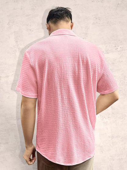 Pinkmint Popcorn Shirt for Men Soild Slim Fit Sleeve Spread Collar Trendy Men Shirt Summer Wear Goa Wear Aqua Blue