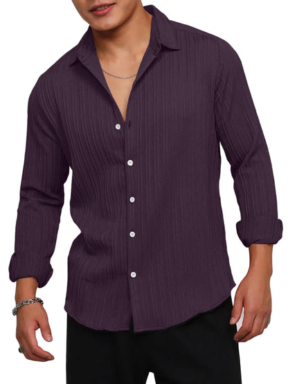 Finivo Fashion MenS Casual Cotton Striped Button Down Shirts Long Sleeve Textured Summer Beach Shirt For Men Purple