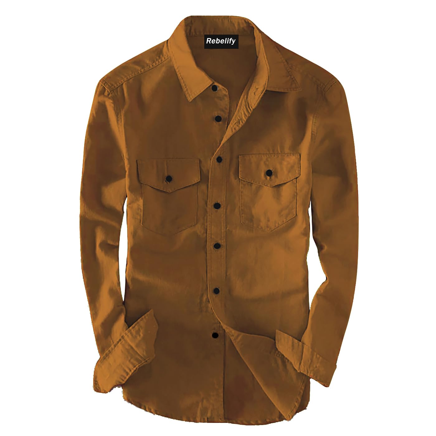 Rebelify MenS Cotton Blend Shirt With Pockets Full Sleeves Collared Neck Solid Pattern Botton Down Closure Regular Fit And Stan