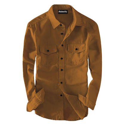 Rebelify MenS Cotton Blend Shirt With Pockets Full Sleeves Collared Neck Solid Pattern Botton Down Closure Regular Fit And Stan
