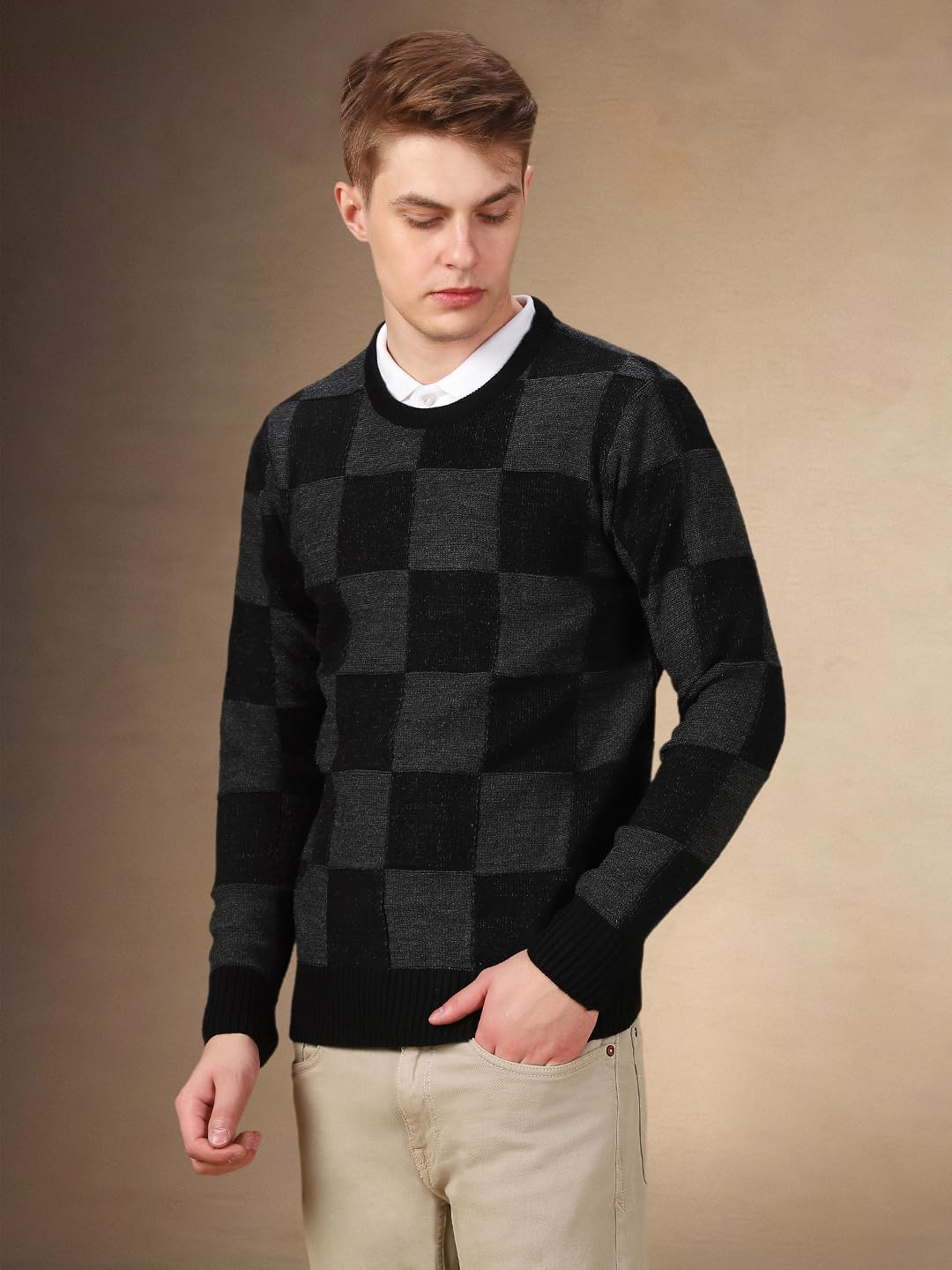 Dennis Lingo Men Checks Acrylic Regular Fit Full Sleeves Pullover Sweater Black