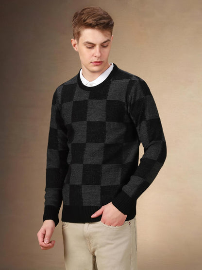 Dennis Lingo Men Checks Acrylic Regular Fit Full Sleeves Pullover Sweater Black