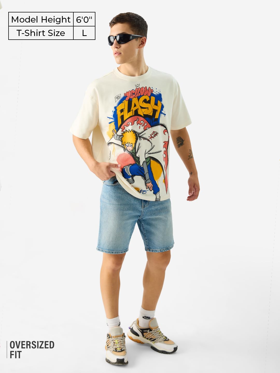 The Souled Store Official Naruto: Yellow Flash White Anime Graphic Printed Cotton Oversized T-Shirts for Men and Boys - Embrace
