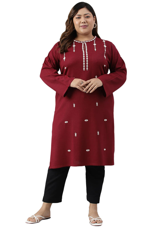 W for Woman Dark Red Embroidered Plus Size Winter Kurta