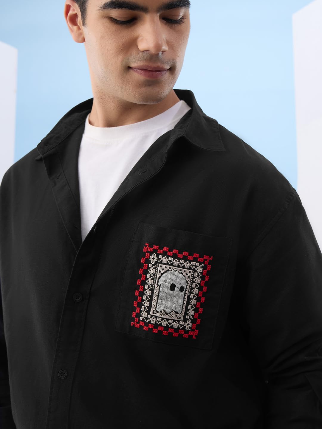 The Souled Store Relaxed Shirt: Souled Original Men and Boys Long Sleeves Collared Neck Button Front Black Embroidered Relaxed F