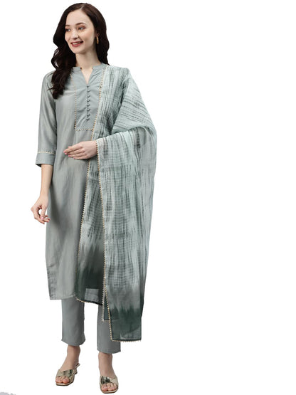 ZIYAA Women's Green Chinon Straight Kurta, Pant And Dupatta Set(ZISKDCH3543)