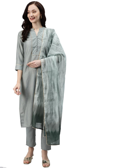 ZIYAA Women's Green Chinon Straight Kurta, Pant And Dupatta Set(ZISKDCH3543)
