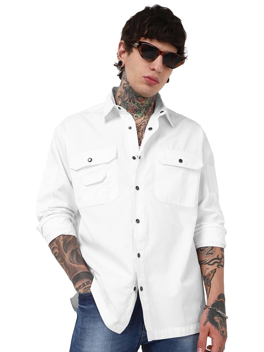 Bewakoof Mens Solid Oversized Fit Full Sleeve Collar Pure Cotton Shirt_662522_White_XL