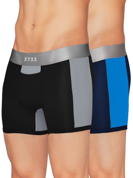 XYXX Mens Underwear Illuminati IntelliSoft Antimicrobial Micro Modal Trunk Pack of 2 (Black Iris & Brilliant Blue;Black & Steel
